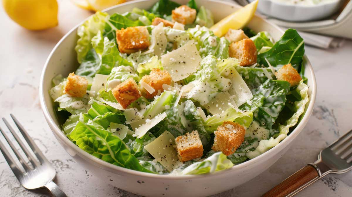 Schuessel mit Stuecken von Haehnchenbrust, Romanosalat, Toastbrot und Parmesan