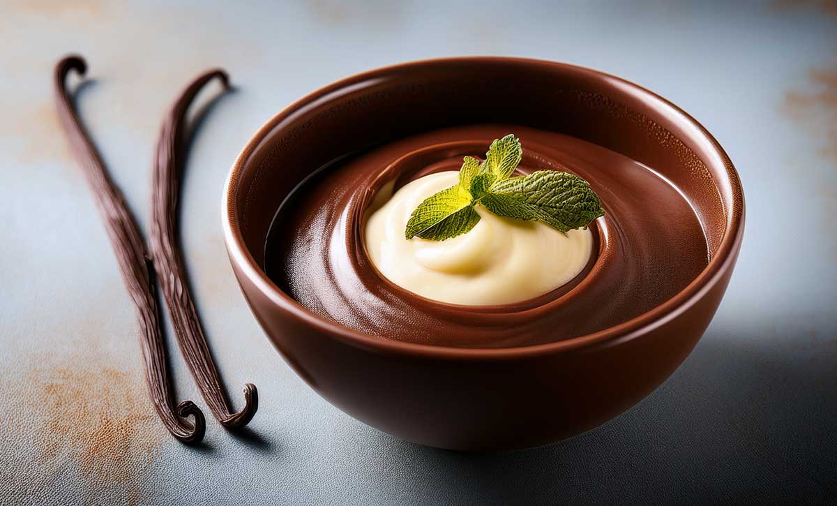 braune Schuessel mit Schokoladenpudding gefuellt, Vanillesauce in der Mitte ueber dem Pudding mit Pfefferminzblatt als Deko, neben der Schuessel liegen zwei Kokaobohnen