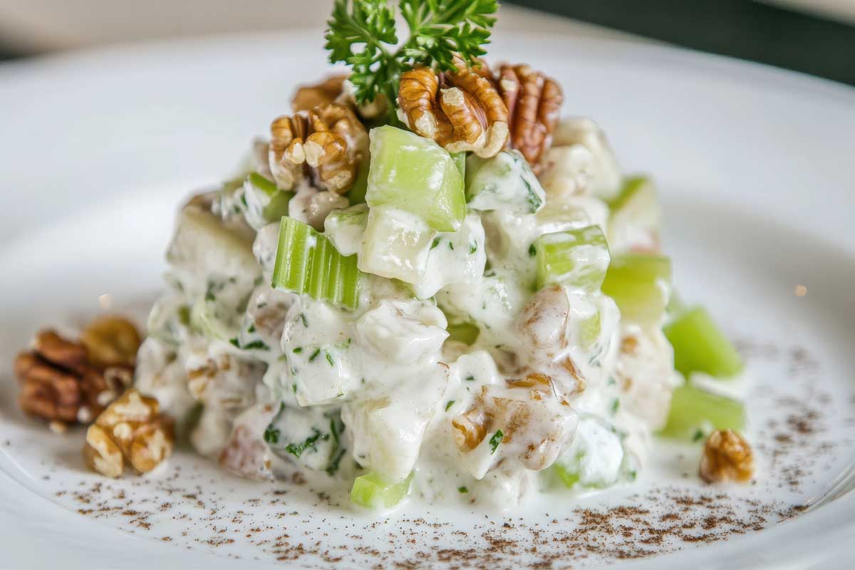 Salat mit Sellerie- und Apfelstuecken, Weintrauben und Walnusskernen