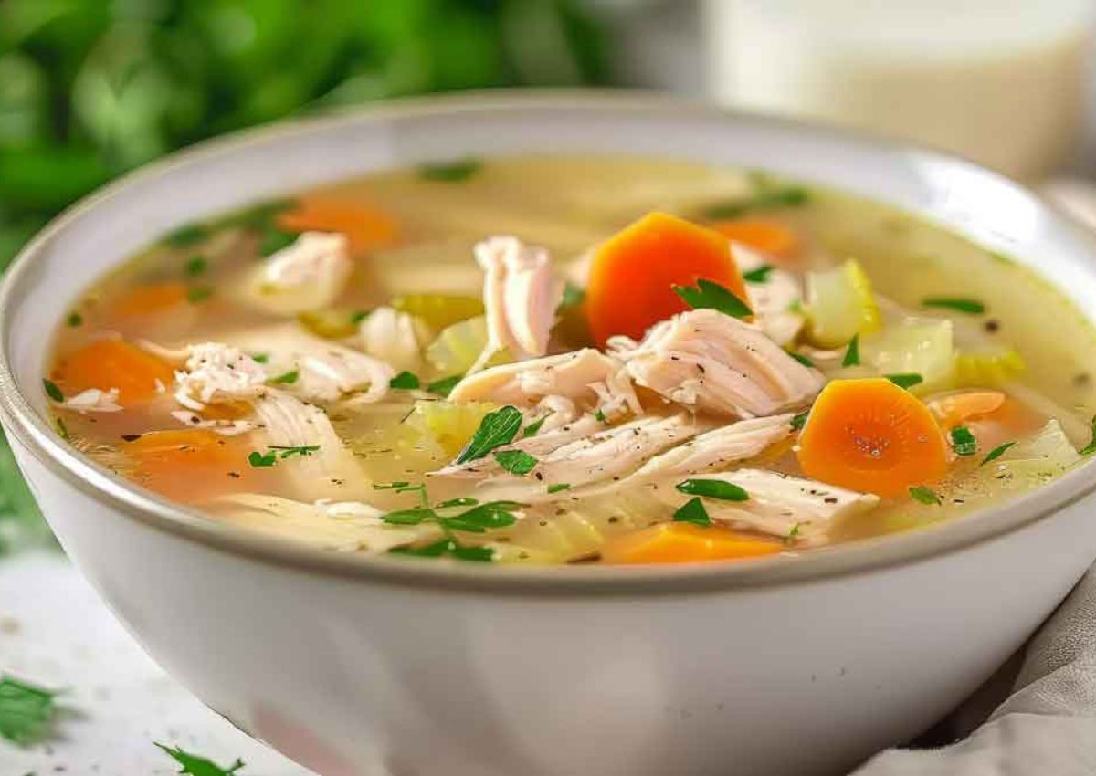 Schuessel mit Huehnerfleisch in Gemueseboullion