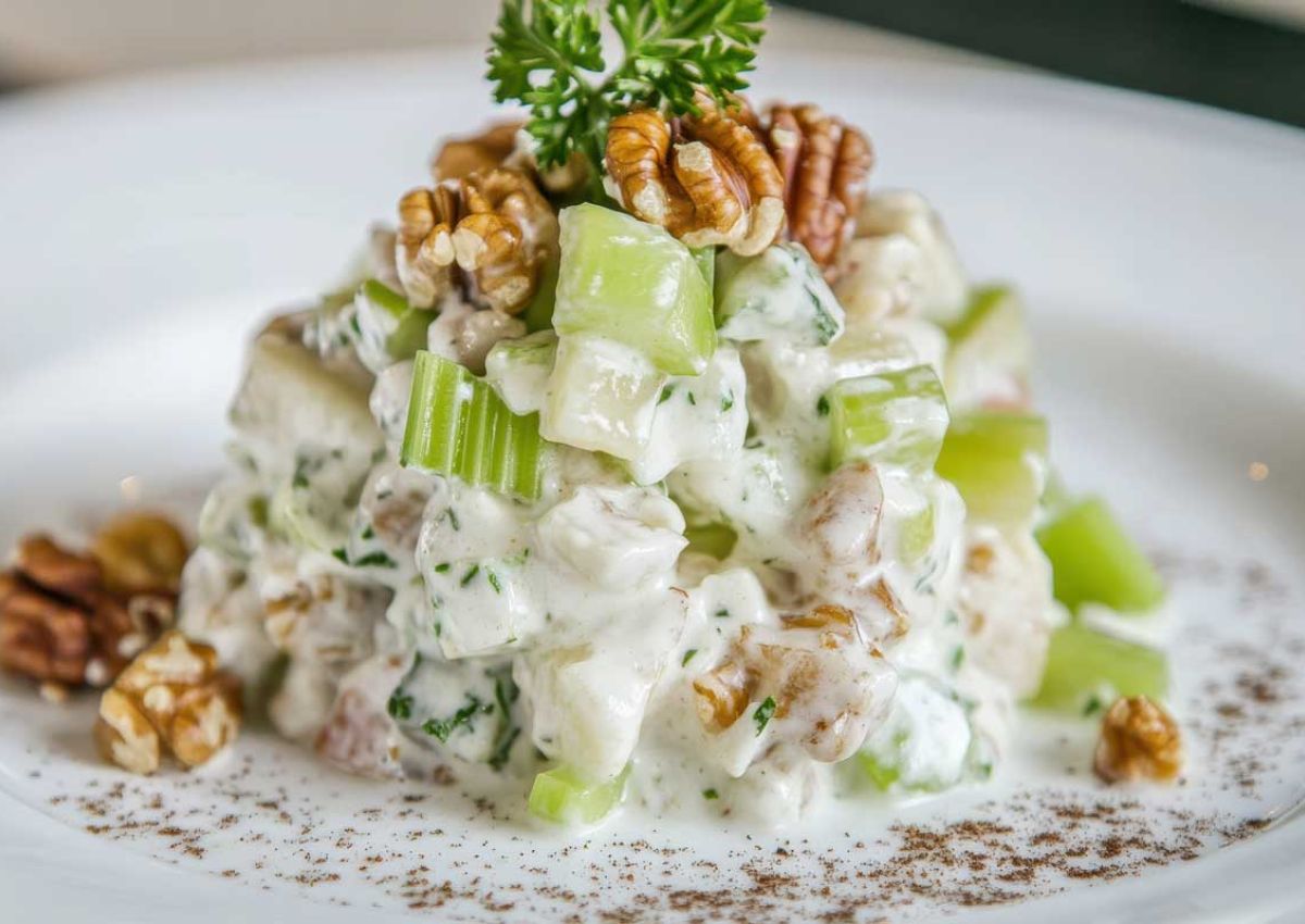 Teller mit Salat aus Staudenselleriestuecken, Weintrauben, Apfelstuecken, Weintrauben und Walnuessen