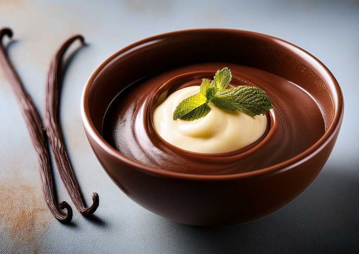 braune Schuessel mit Schokoladenpudding, einem Klecks Vanillesauce mit einem Zweig Pfefferminzblatt dekoriert, neben dem Teller zwei Kakaobohnen